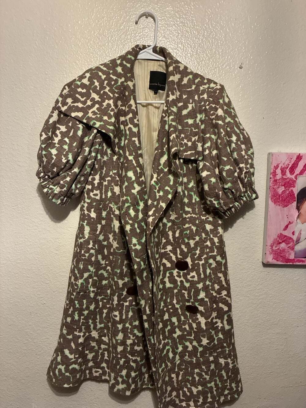 Nanette Lepore Abstract Print Double-Breasted Coat with Puff Sleeves
